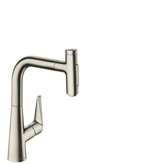 Spültischmischer von Hansgrohe mit ausziehbarer Brause und zwei Strahlausführungen in Edelstahl-Optik. Schlichte, funktionale Form.